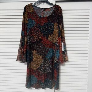 MSK Women's Long Sleeve Dress - Rust, Red, Blue, Brown Pattern- flared sleeves